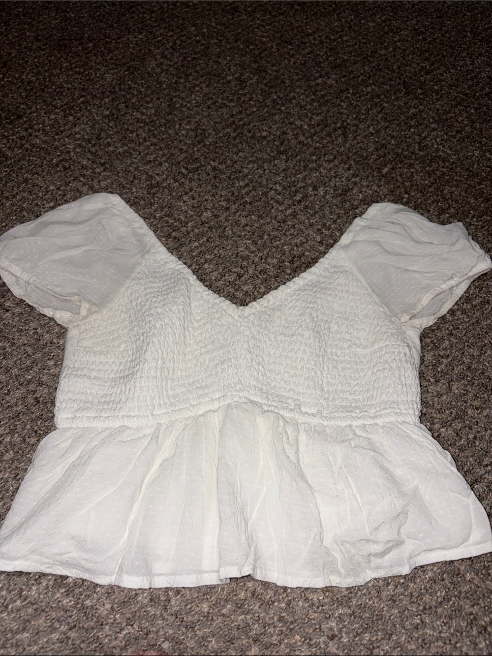White Peplum Smocked V-Neck Top
